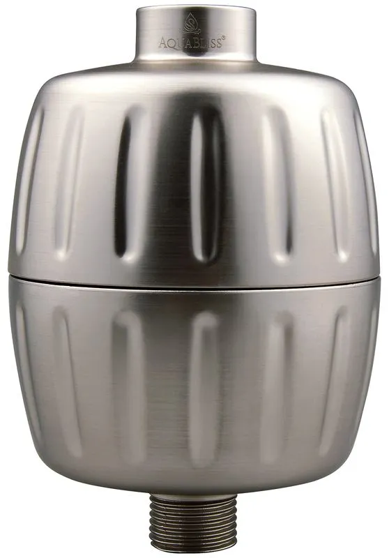 AquaBliss SF500 Brushed Nickel Shower Filter mounted on a shower arm