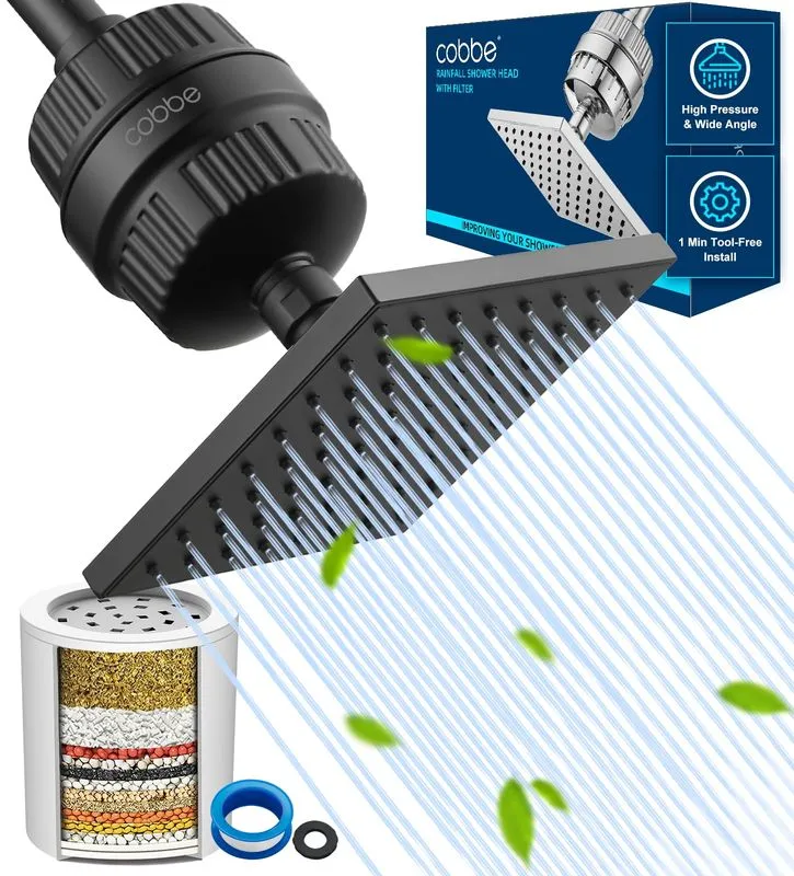Cobbe 6" Square High Pressure Shower Head Filter Combo