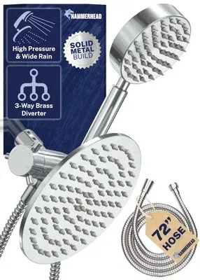HammerHead Showers Dual Shower Head Combo - 8" Rainfall (Polished Chrome)